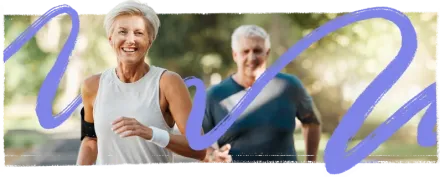 Middle-aged woman and man jogging.