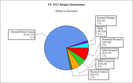 FY20 Budget Mechanisms: Research Project Grants - $1,448,924 (71%); Intramural Research - $195,577 (10%); Other Research - $114,494 (6%); R&D Contracts - $110,125 (5%); RMS - $75,081 (4%); Research Training - $32,793 (2%); Research Centers - $49,037 (2%)