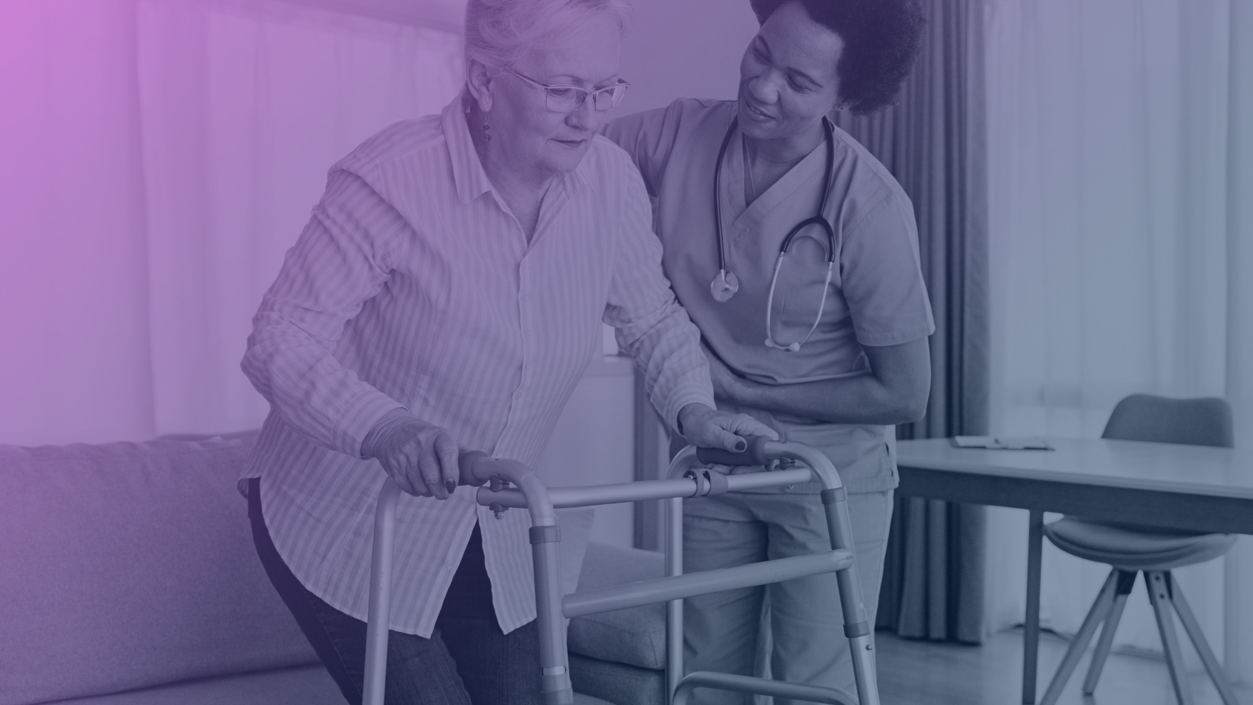 A healthcare worker assisting an elderly woman using a walker, providing support in a clinical setting.