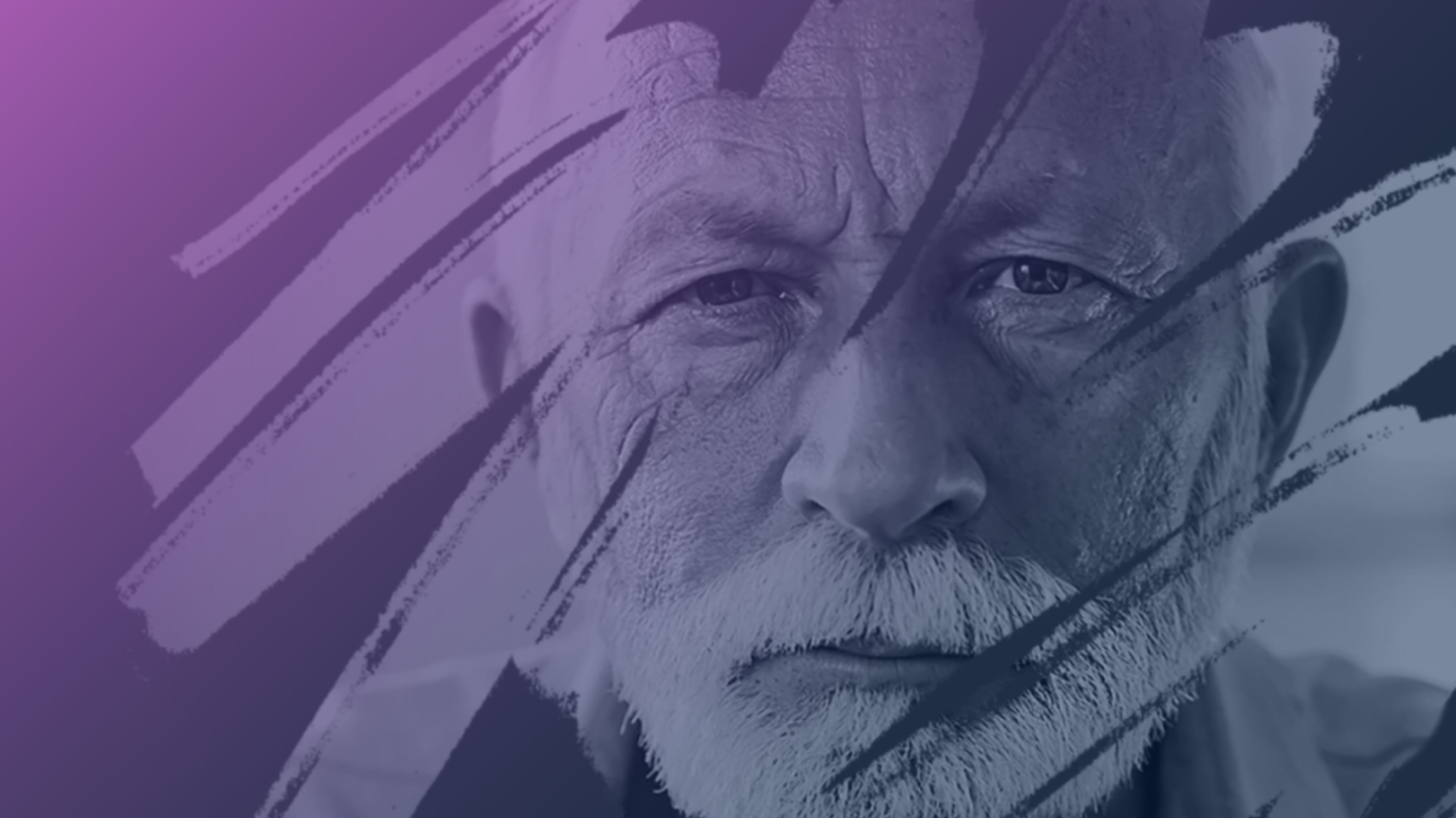 Stylized artistic portrait of an elderly man, overlayed with abstract brushstroke effects symbolizing memory loss.