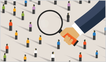 a bunch of people standing with a magnifier glass above them