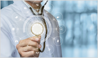 a doctor holding a key with social media and other computer icons displayed surrounding the key