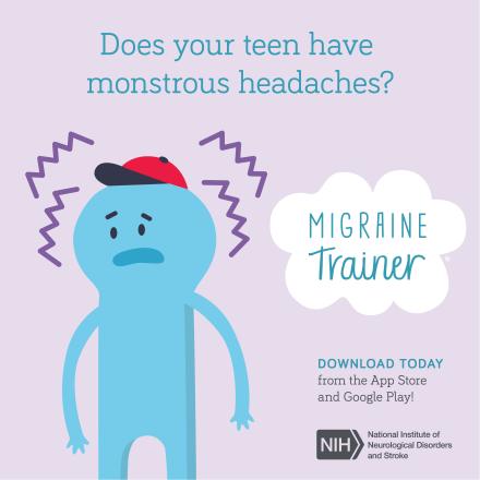 Blue boy monster having a migraine on a light purple background with text that says, “Does your teen have monstrous headaches? Download today from the app store and google play.”