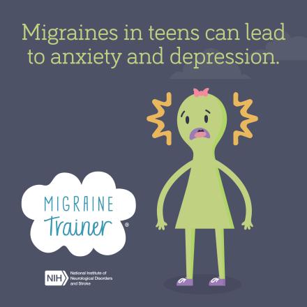 green animated monster on a black background with text that reads "Migraines in teens can lead to anxiey and depression. Migraine Trainer"