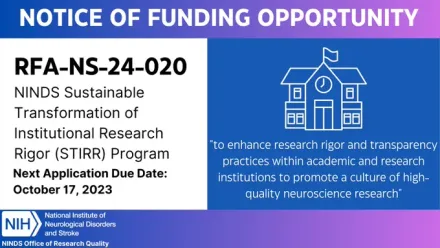 Notice of Funding Opportunity. The text on the left side reads: RFA-NS-24-020, NINDS Sustainable Transformation of Institutional Research Rigor (STIRR) Program, Next Application Due Date: October 17, 2023. On the right side there is an outline of an institution in white on a blue background with the quotation, “to enhance research rigor and transparency practices within academic and research institutions to promote a culture of high-quality neuroscience research".