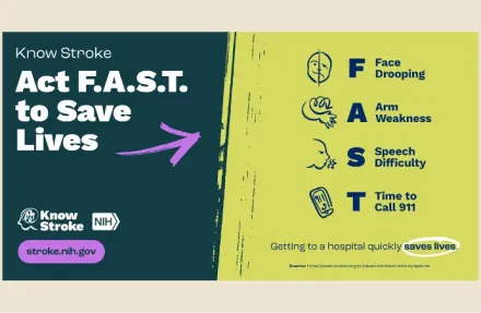 Know Stroke Act F.A.S.T. to Save Lives infographic with signs and symptoms of stroke - Face drooping, Arm weakness, Speech difficulty, and Time to Call 911, encouraging fast action to call for emergency assistance..