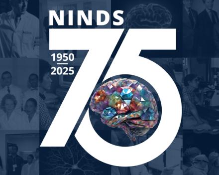 A collage of images of people, lab equipment, and experiments surrounds the NINDS 75th-anniversary logo (1950-2025). 