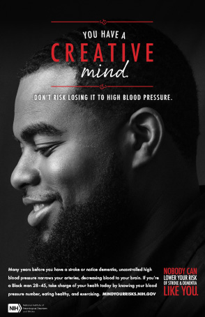 Profile of a Black man with the poster title "You Have a Creative Mind," urging blood pressure control to protect brain health and prevent stroke.
