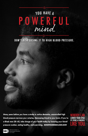 Profile of a Black man with the poster title "You Have a Powerful Mind," urging blood pressure control to protect brain health and prevent stroke.