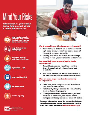 Screenshot of a printable patient education PDF. The corner image features a Black man taking his blood pressure at home.