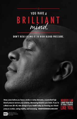 Profile of a Black man with the poster title "You Have a Brilliant Mind," promoting blood pressure control to protect brain health and prevent stroke.