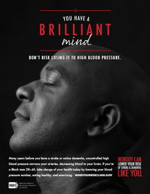 Print ad with the profile of a Black man titled "You Have a Brilliant Mind," promoting blood pressure control to protect brain health and prevent stroke.