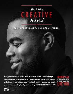Print ad with the profile of a Black man titled "You Have a Creative Mind," promoting blood pressure control to protect brain health and prevent stroke.
