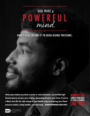 Profile of a Black man with the poster title "You Have a Powerful Mind," urging blood pressure control to protect brain health and prevent stroke.