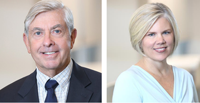 On the left, an older man with short gray hair is wearing a dark suit jacket, light striped shirt, and navy tie, smiling at the camera. On the right, a woman with short blonde hair is wearing a light blue top and smiling.