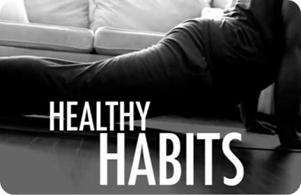 Video thumbnail featuring a person practicing yoga and the words “Healthy Habits” in typography