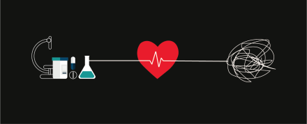 An illustration of scientific research equipment, a heart, and an abstract representation of brain activity, all connected by a line