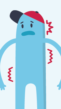 Blue cartoon figure with red zigzag lines near its head and body.
