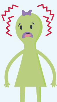 Green cartoon figure looking upset, with red zigzag lines near its head.