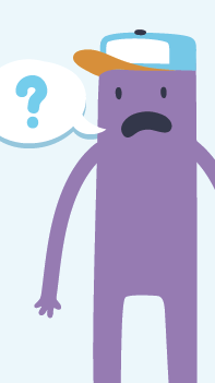 Purple cartoon figure with a speech bubble showing  a question mark.
