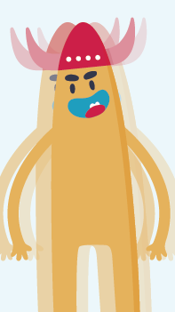 Orange cartoon figure with wide eyes and a concerned expression, shown slightly blurry.