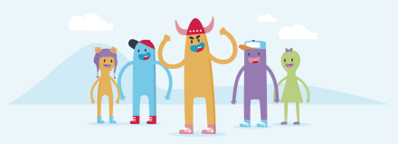 Five colorful cartoon figures standing together outdoors, each showing happy and confident expressions and poses.