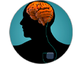 A side-view outline of a person's head against a blue circle, showing an orange brain inside. A small blue square appears near the bottom-right of the image.