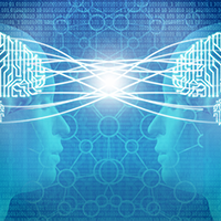 Illustration of two brains connected and exchanging ideas