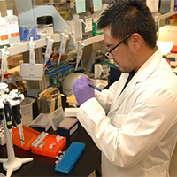 Researcher in lab writing on a sample