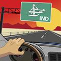 car on road with sign overhead with words IND on it guiding driver to destination
