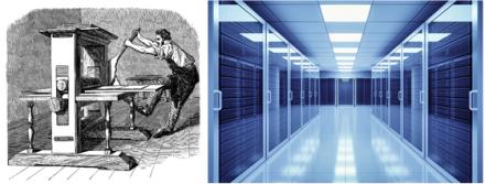 A black and white line drawing of Gutenberg’s printing press, showing a man pulling a lever on the printing press machine. A photograph of a cloud server, showing an aisle of computer servers behind glass doors, illuminated by fluorescent lights.
