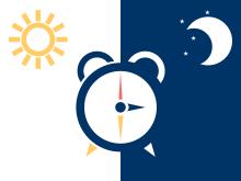 Clock image with sun on left side of clock indicating daytime and moon on the right of clock indicating night time. Image courtesy iStock 
