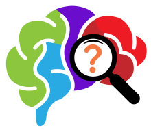 Brain Basics branding graphic. Image of multi-colored brain (green, blue, purple and red) with question mark inside of magnifying glass overlay.
