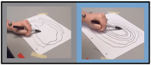 Person drawing a spiral shape with and without stimulation.