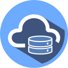 A dark blue cloud (outlined in white) and a blue symbol for data storage enclosed in a lighter blue circle.
