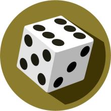 A single white die enclosed in a yellow-brown circle