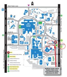 Map of NIH Campus with Gateway Center Metro Access and Natcher Building locations identified with red circle