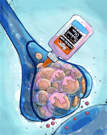 Artist's rendering of a synapse depicting phosphorylated alpha-synuclein as a glue holding synaptic vesicles together