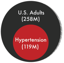 Data visualization illustrating the portion of all 258M U.S. adults who have hypertension (119M) 