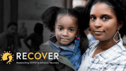 African American mother holding child. Logo overlaps image, RECOVER, Researching COVID to Enhance Recovery