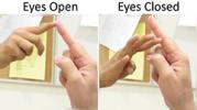 2 images of one person's hand touching another person's hand: one with eyes open and one with eyes closed